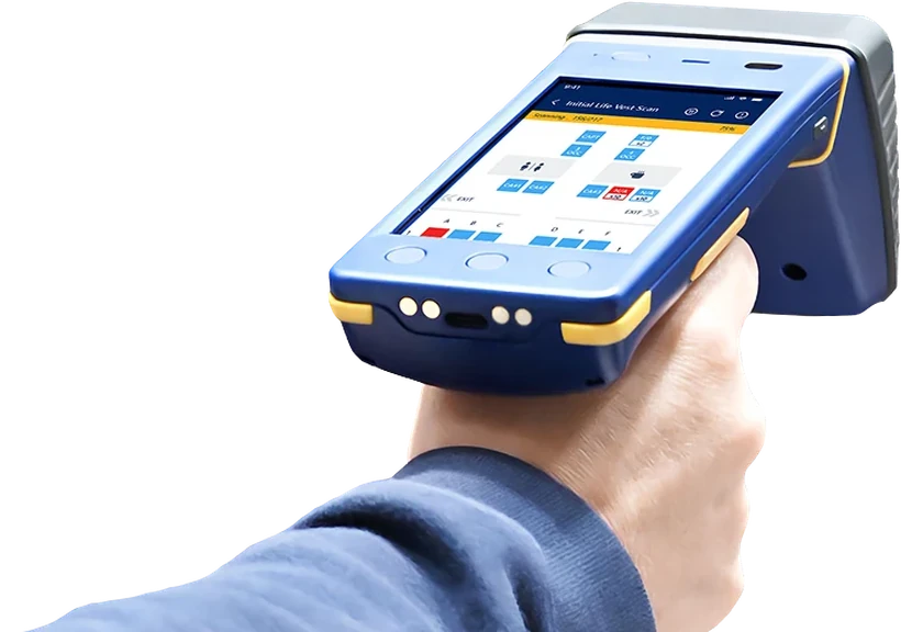 Handheld RFID scanner running a CabinTrack life-vest scan.
