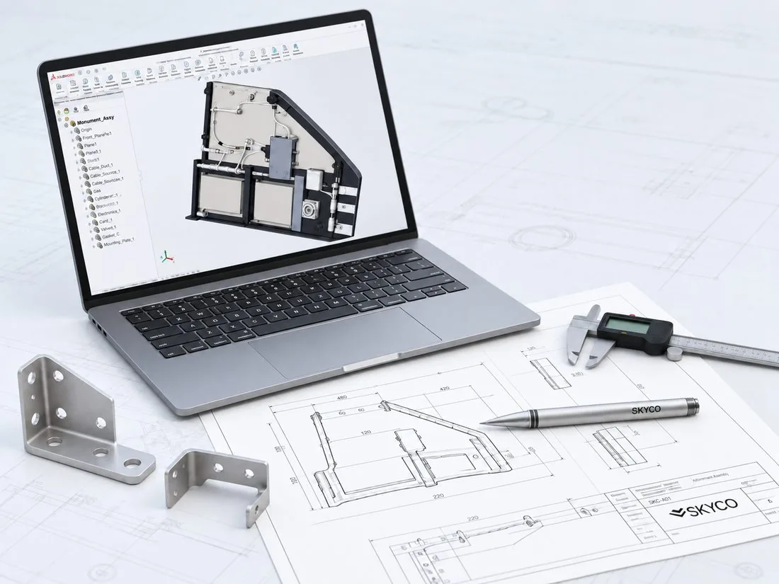 CAD assembly on screen alongside a SKYCO drawing, calipers and machined brackets.